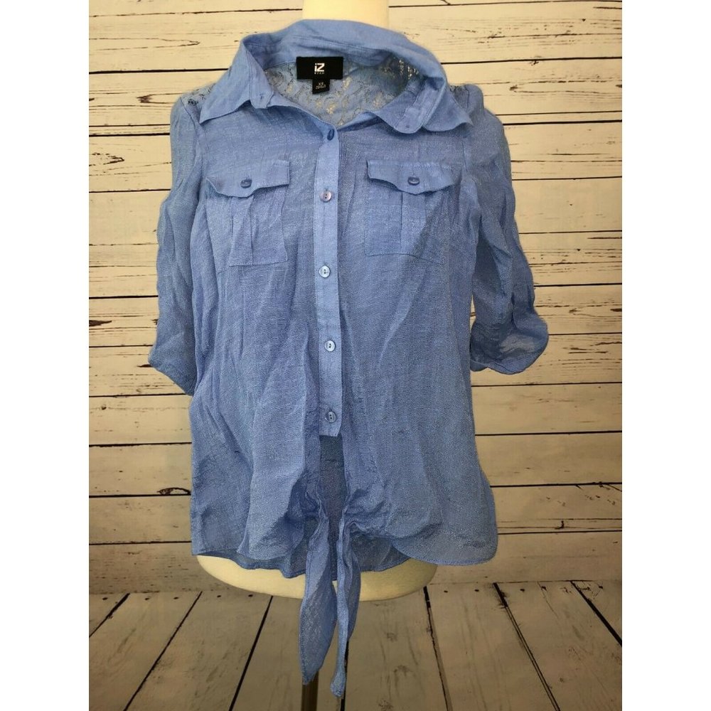 IZ Byer Button Up Top Womens XS Blue Lace Yoke Tie Front 3/4 Sleeve Y2K Lace